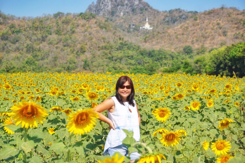 Pose-pose ala model di sunflower field